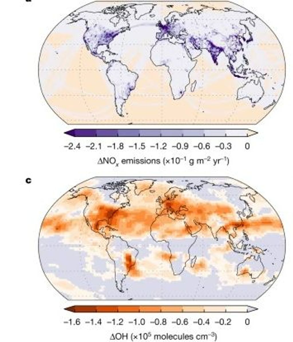 Patrones espaciales de anomalía de emisiones de NOx y anomalía de OH en 2020 en relación con 2019