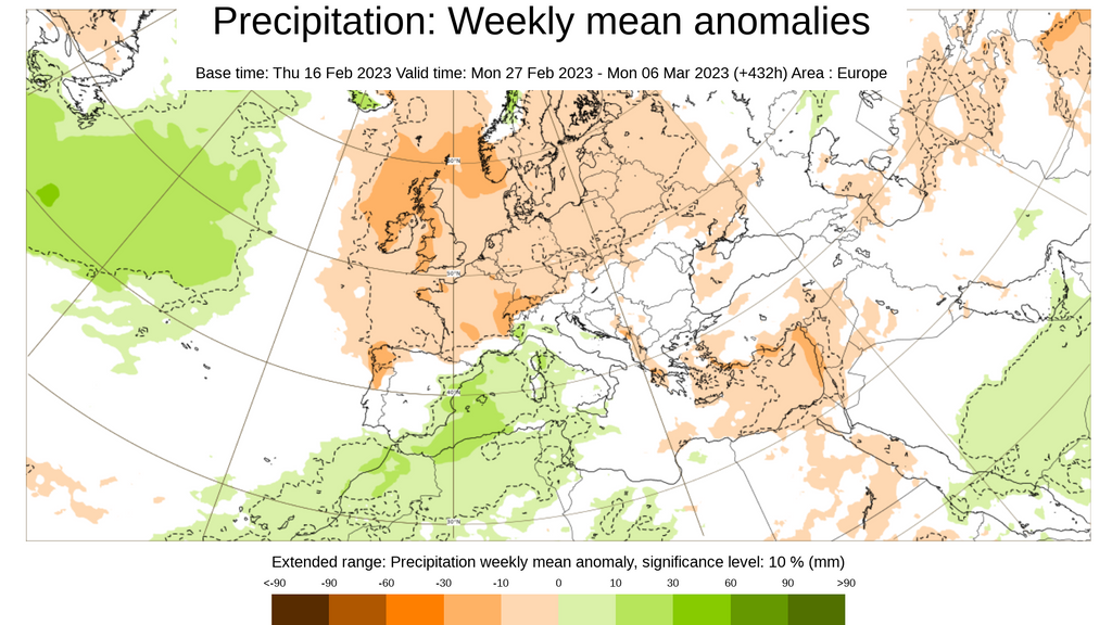 Anomalía de la precipitación prevista 27 feb-6 marzo