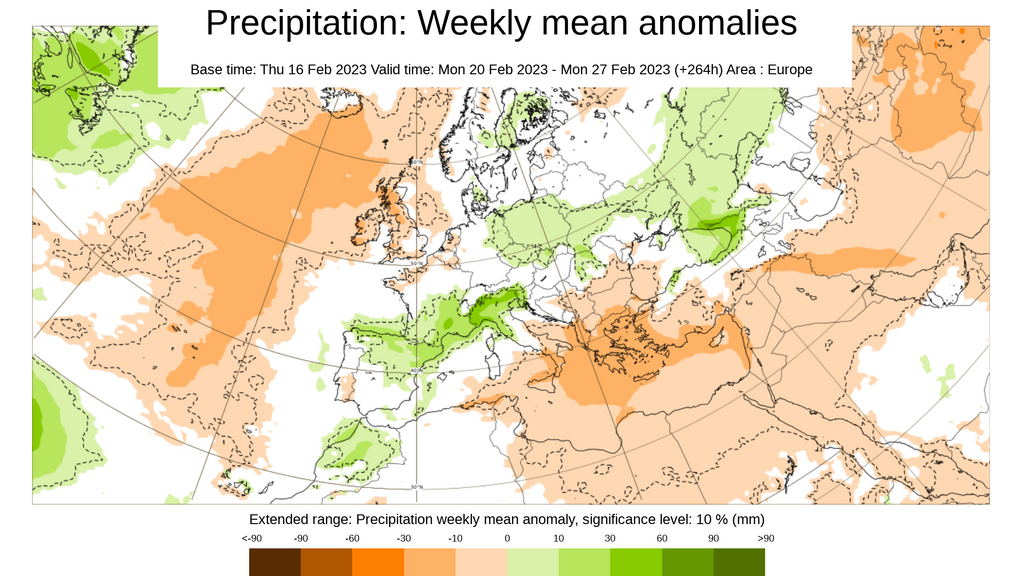 Anomalía de la precipitación prevista del 20-27 feb