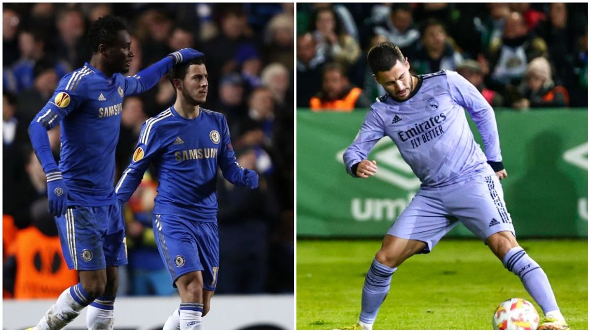 Obi Mikel con Hazard en el Chelsea y Hazard en la actualidad en el Madrid