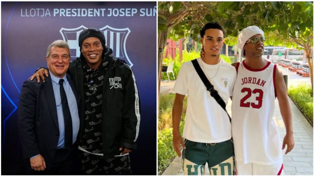 Ronaldinho junto a Laporta y su hijo Joao