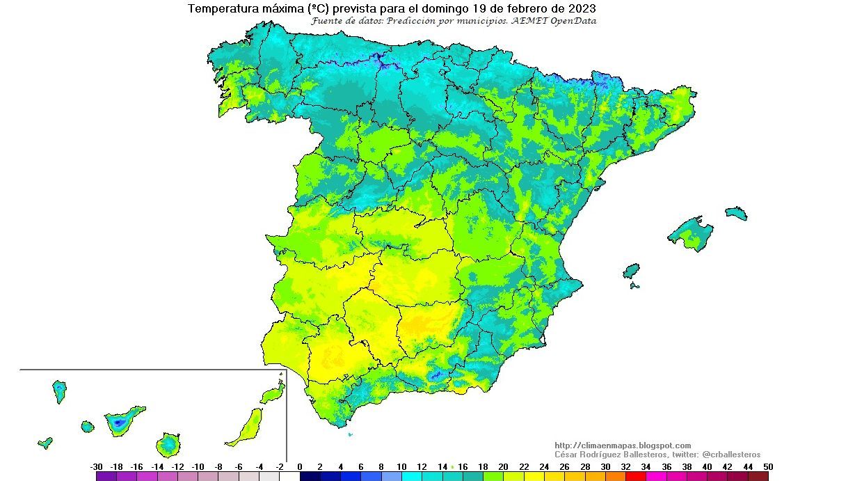 Temperaturas máximas previstas para el domingo 19