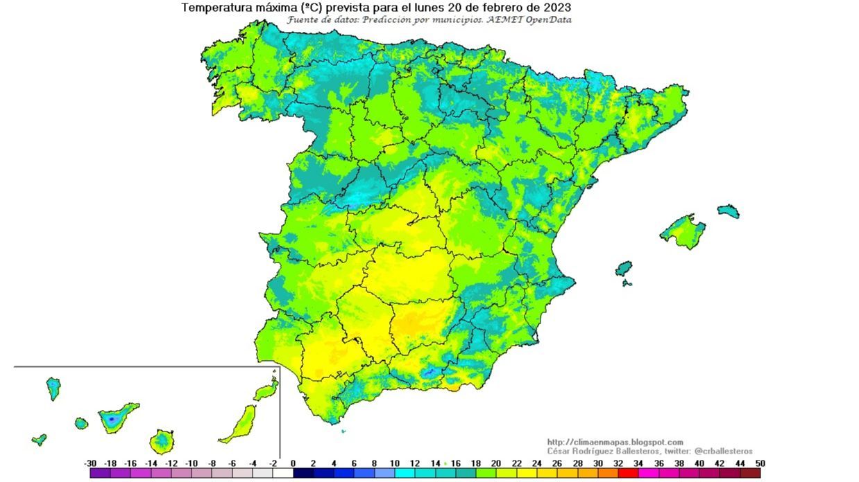 Temperaturas máximas previstas para el lunes 20