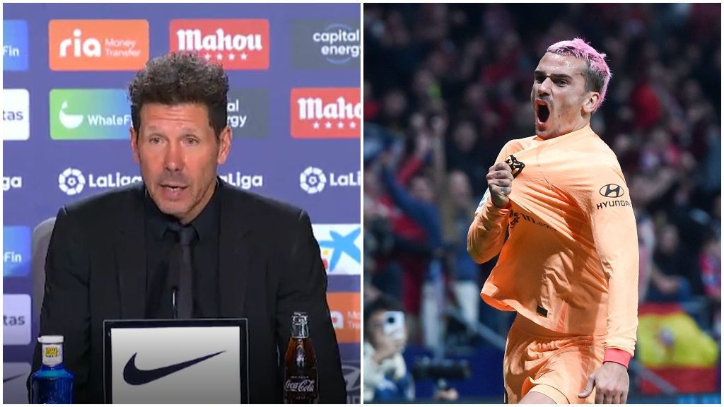 Simeone en rueda de prensa y Griezmann celebrando el gol