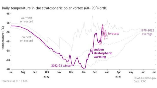 Temperaturas medias diarias en la estratosfera polar del hemisferio norte desde finales de 2022