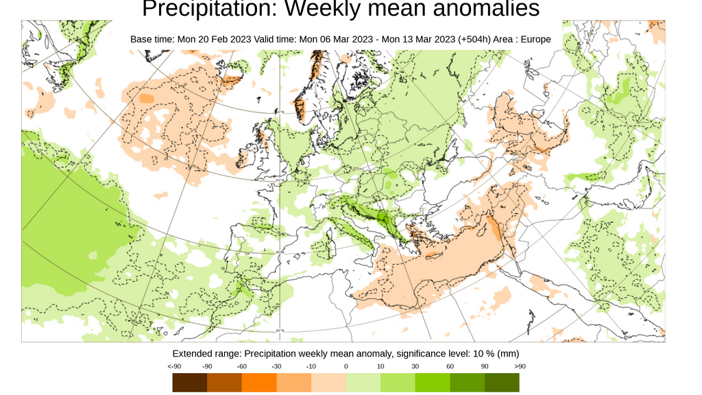 Anomalía de la precipitación prevista del 6-13 marzo