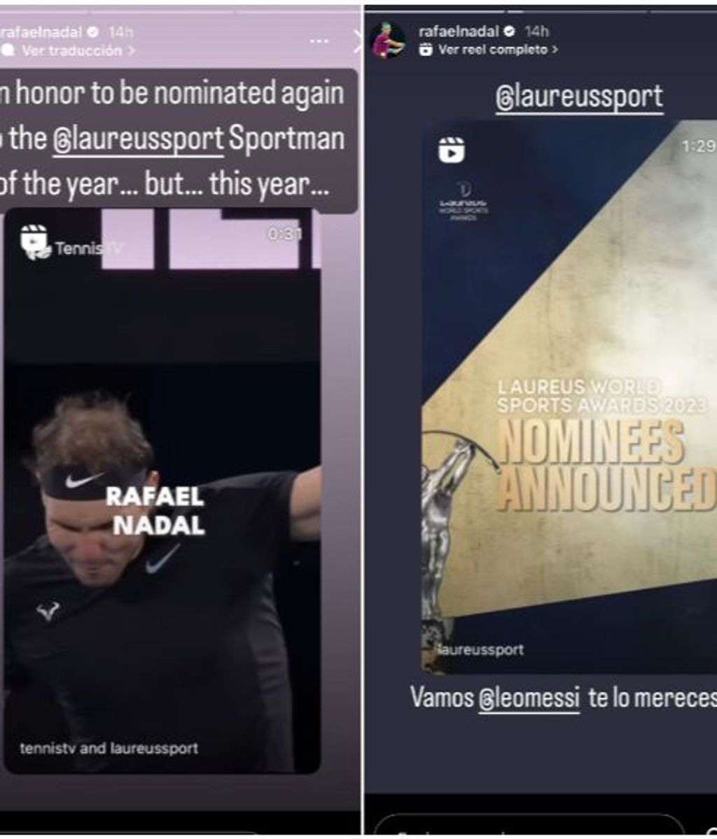 Rafa Nadal apoyando a Messi para ganar el premio al deportista del año