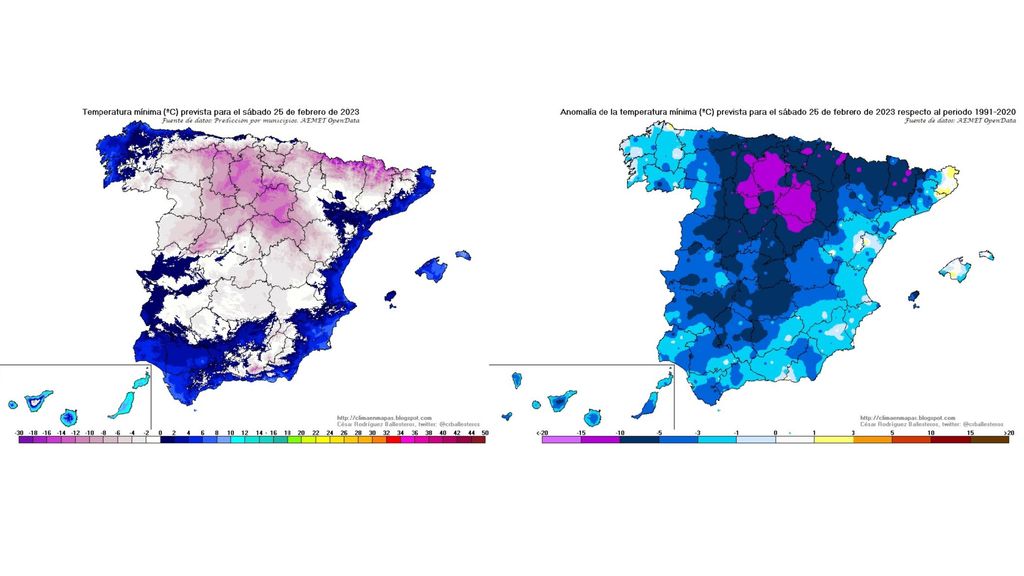 Temperaturas mínimas previstas para el sábado y su anomalía respecto al promedio