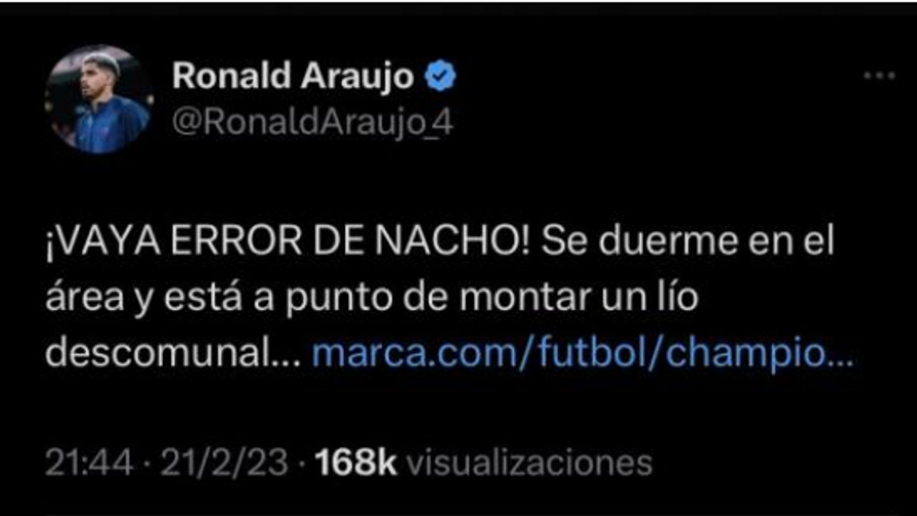 Araujo sufre un hackeo durante el Liverpool-Madrid y critican a Nacho: "Se duerme en el área"