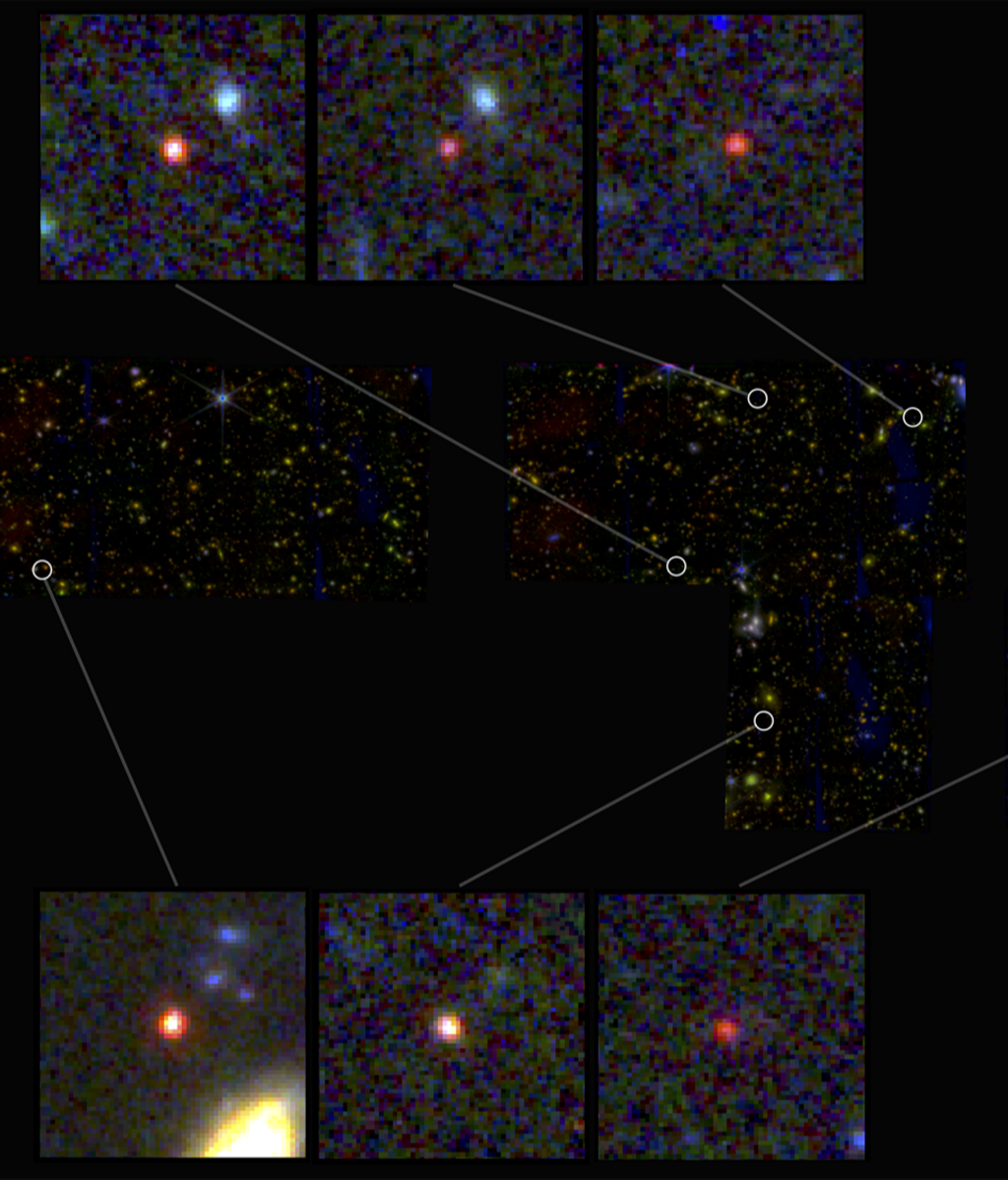 Imágenes de seis candidatas a galaxias masivas, vistas 500-700 millones de años después del Big Bang