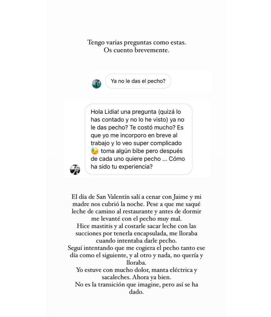 Lidia Torrent explica el motivo por el que ya no da el pecho a su hija