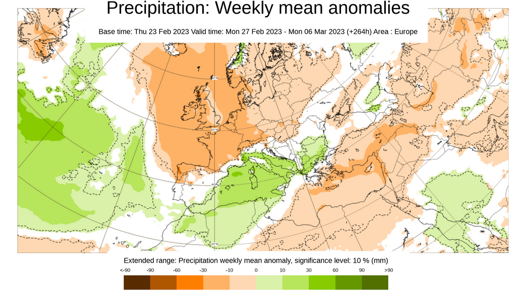 Anomalía de la precipitación prevista del 27 feb - 6 marzo