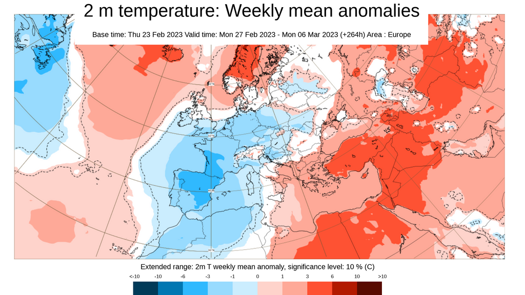Anomalía de la temperatura prevista del 27 feb - 6 marzo