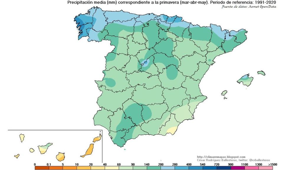 Precipitación media en la primavera meteorológica periodo de referencia 1991-2020