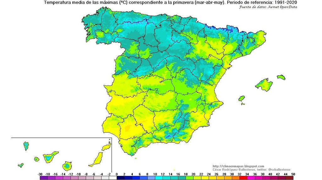 Temperatura media de las máximas marzo-abril-mayo periodo de referencia 1991-2020