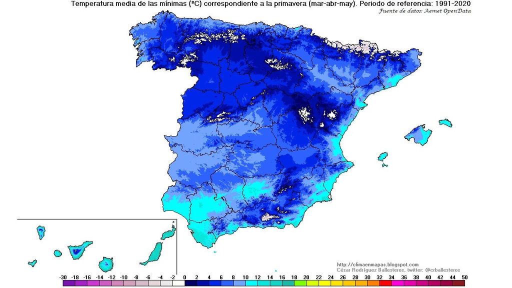 Temperatura media de las mínimas marzo-abril-mayo periodo de referencia 1991-2020