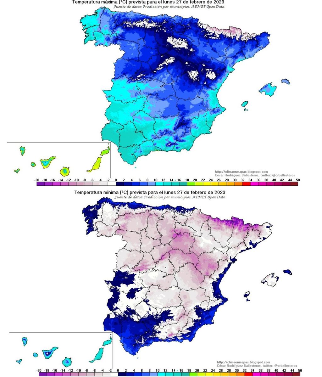 Temperaturas máximas y mínimas previstas para el lunes 27