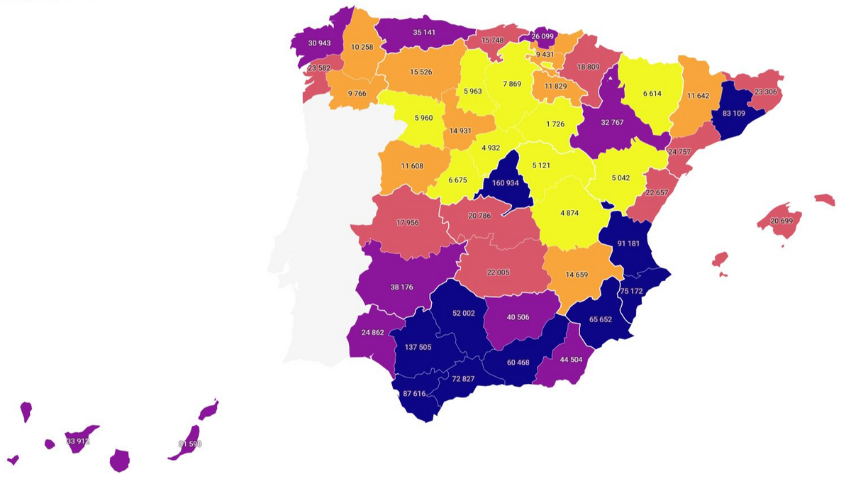 Beneficiarios del IMV en España por provincias