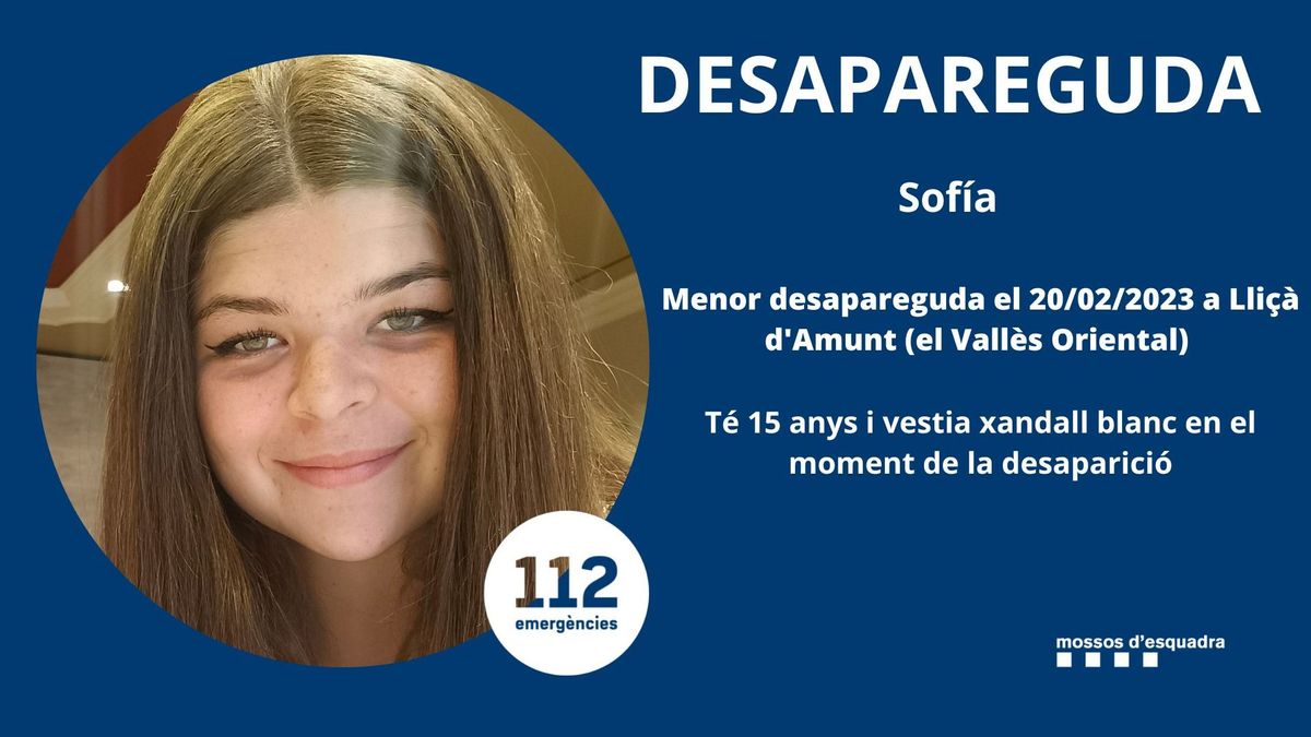 Sofía, una menor de 15 años que lleva más de una semana desaparecida en Barcelona