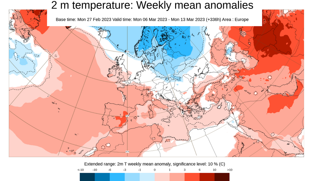 Anomalía de la temperatura media prevista del 6 al 13 de marzo