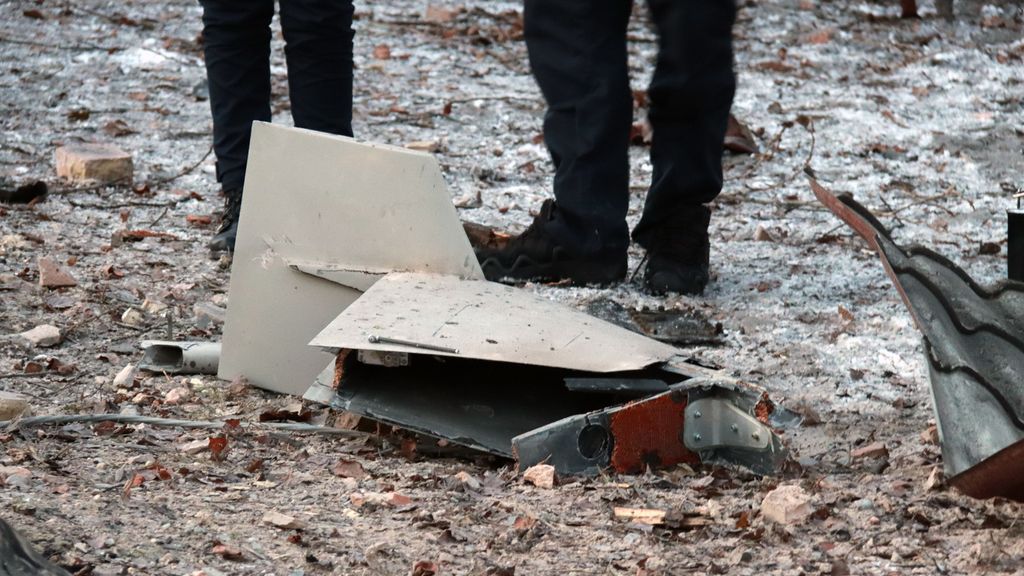 Restos de un dron iraní Shahed utilizado por Rusia en Ucrania