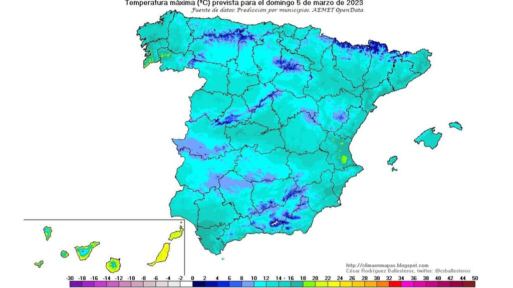 Temperaturas máximas previstas para el domingo 5 marzo