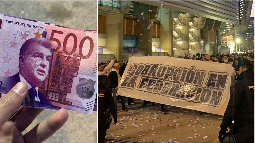 Aficionados del Madrid protestan por el 'caso Negreira': billetes con la cara de Laporta y cánticos de "corrupción"
