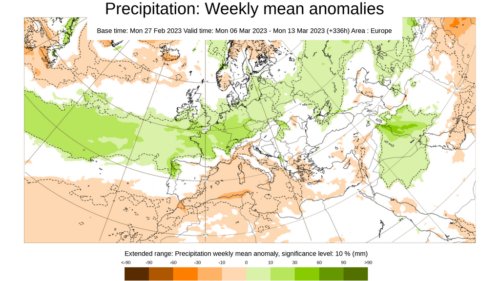 Anomalía de la precipitación prevista del 6-13 marzo