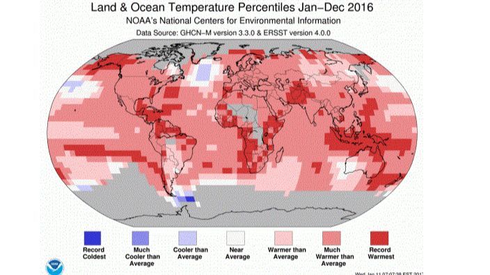 La OMM confirma que 2016 es el año más caluroso registrado, aproximadamente 1,1 °C por encima de la era preindustrial