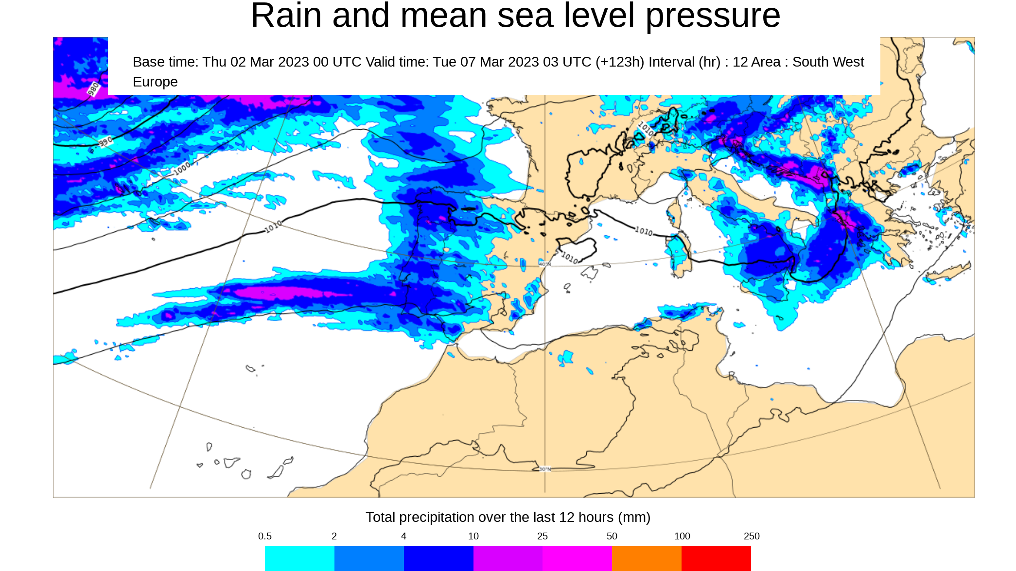 Precipitación extendiéndose entre el lunes 6 y martes 7