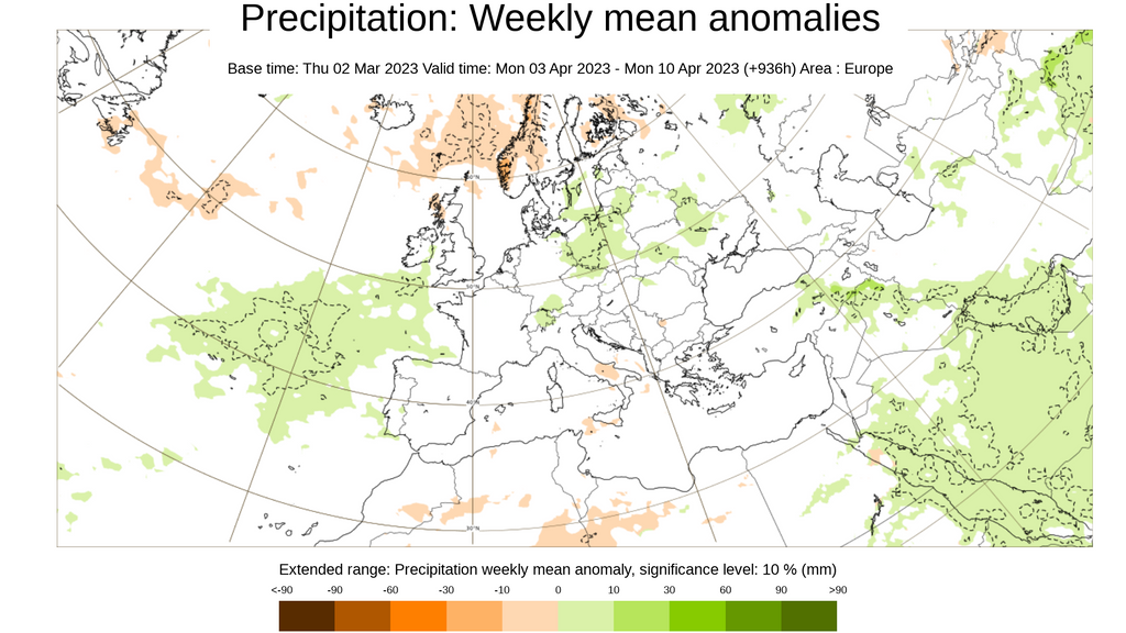 Anomalía de la precipitación prevista del 3 al 10 de abril