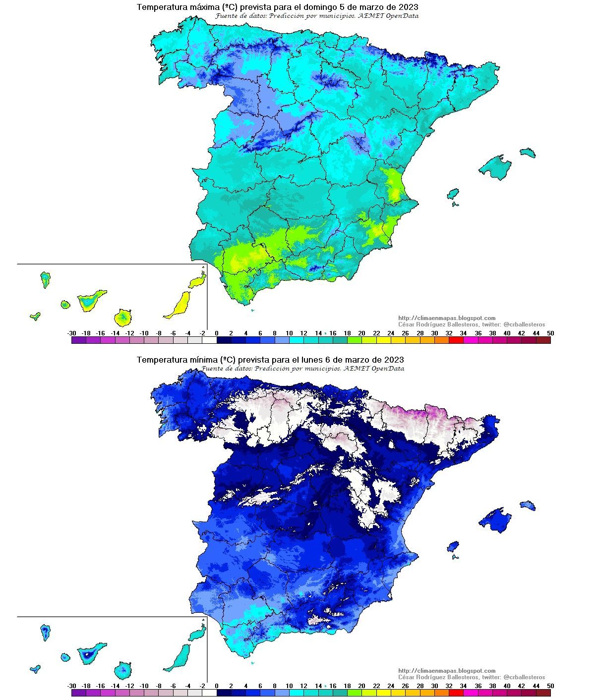 Temperatura máxima del domingo; mínima del lunes