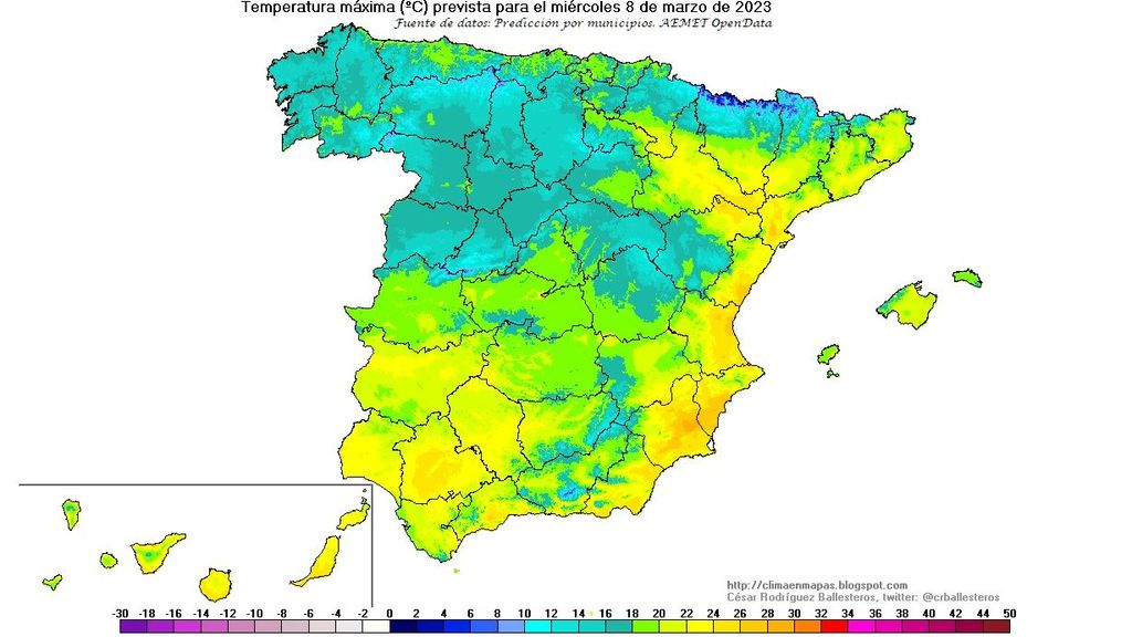 Temperaturas máximas previstas para el miércoles 8