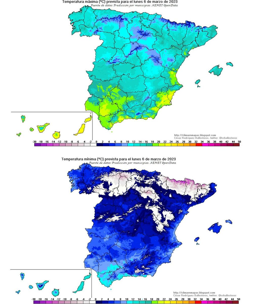 Temperaturas previstas para el lunes 6 marzo 2023