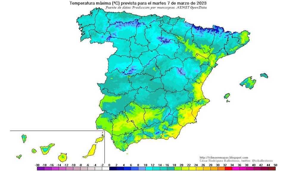 Temperaturas máximas previstas para el martes 7