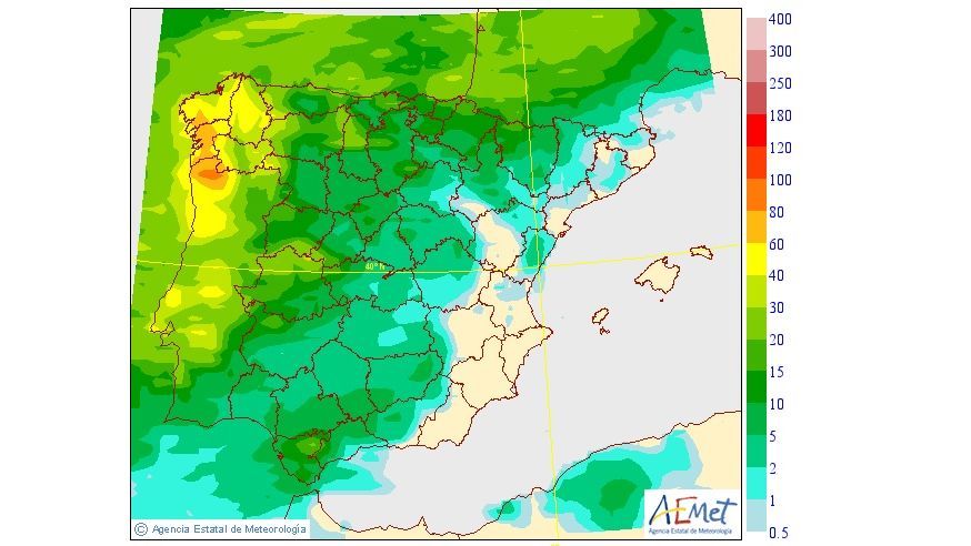 Precipitación máxima prevista para el miércoles 8