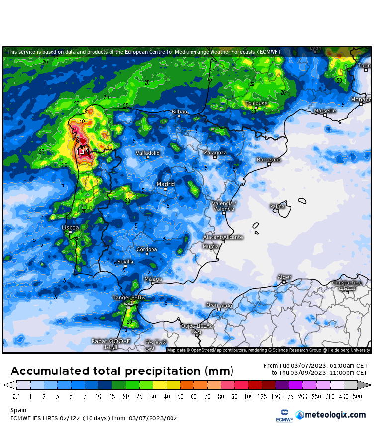 Precipitación prevista hasta las 11 pm del jueves