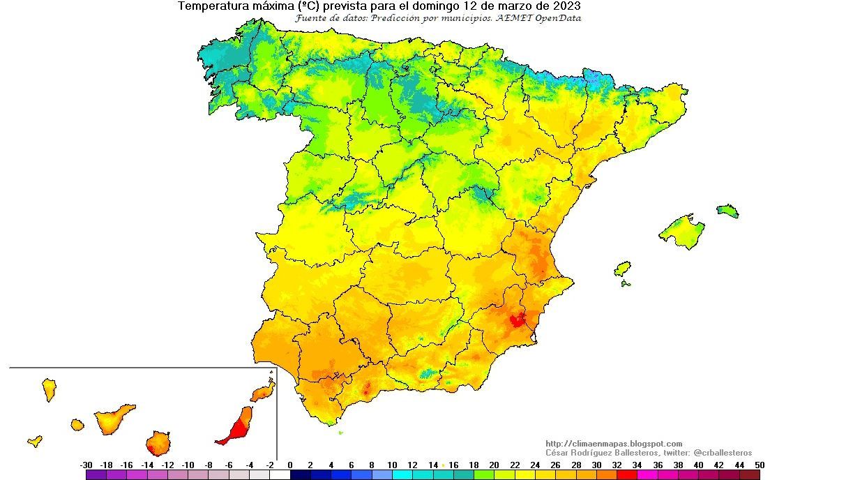 Temperaturas máximas previstas para el domingo 12