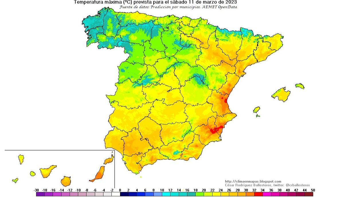 Temperaturas máximas previstas para el sábado 11