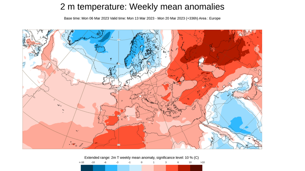 Anomalía de la temperatura prevista del 13 al 20 de marzo
