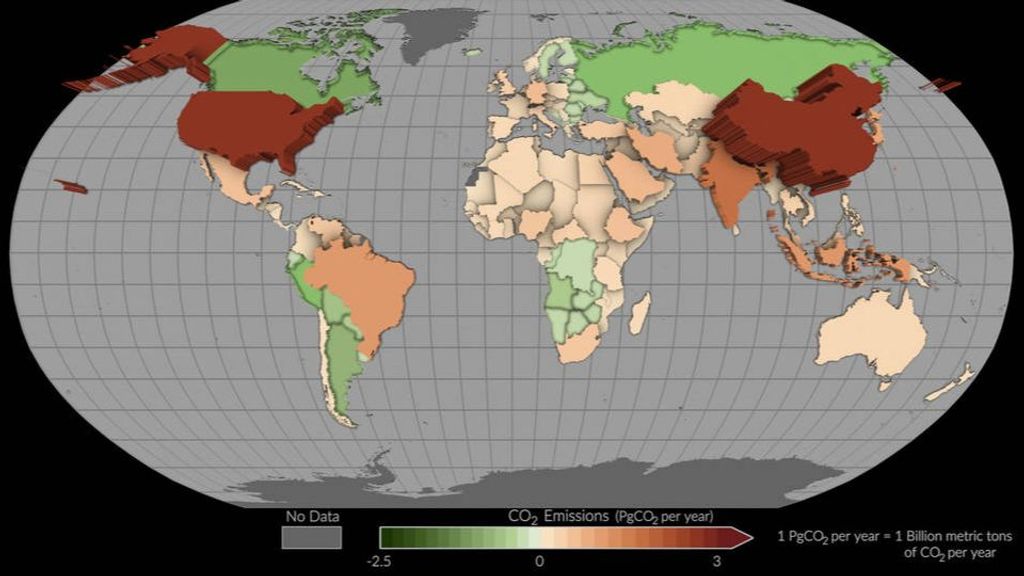 Este mapa muestra las emisiones y absorciones netas medias de dióxido de carbono de 2015 a 2020