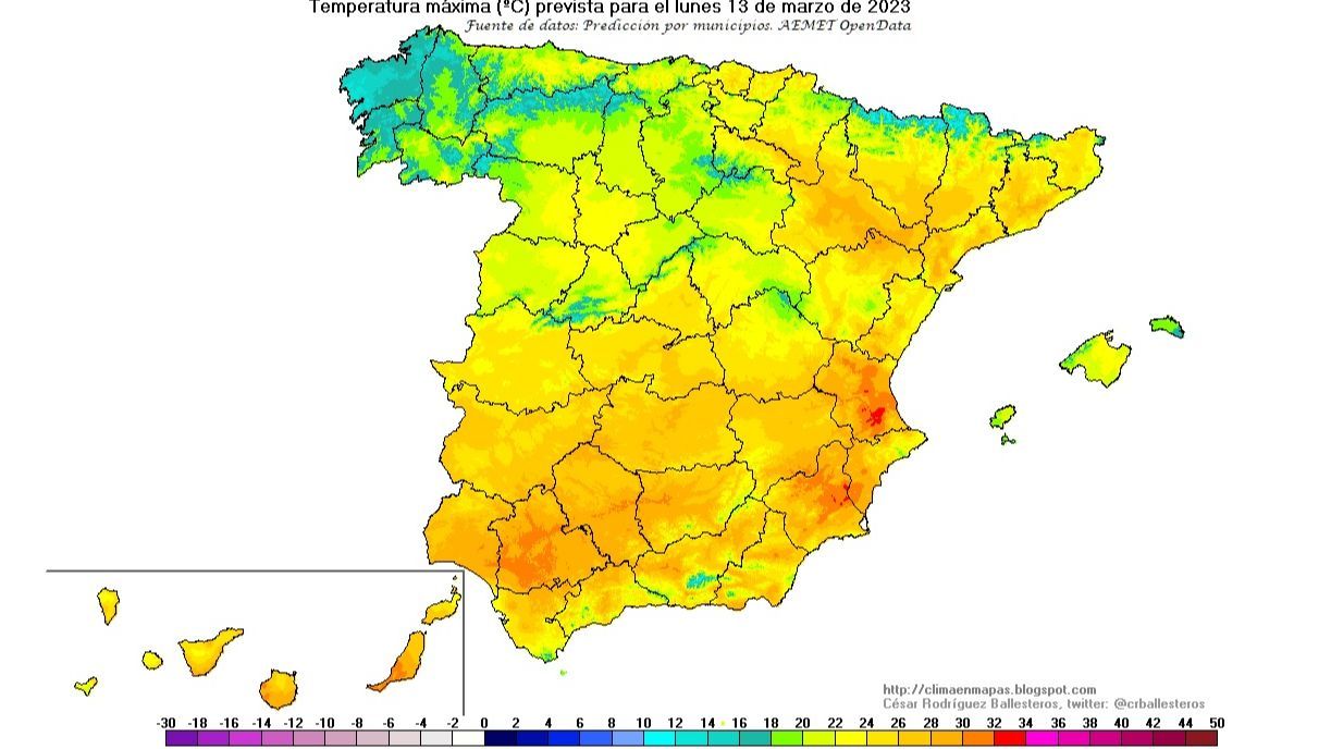 Temperaturas máximas previstas para el lunes 13