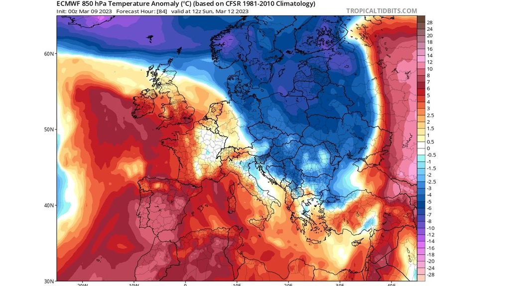 Anomalía de la temperatura a 850 hPa prevista para el domingo