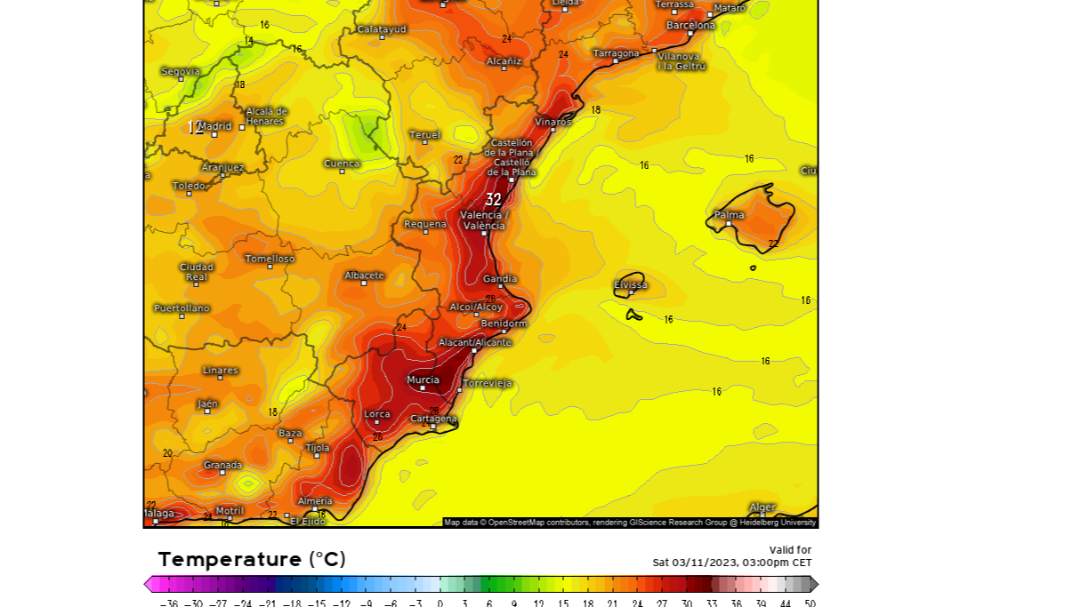 Temperaturas previstas en el Levante el sábado