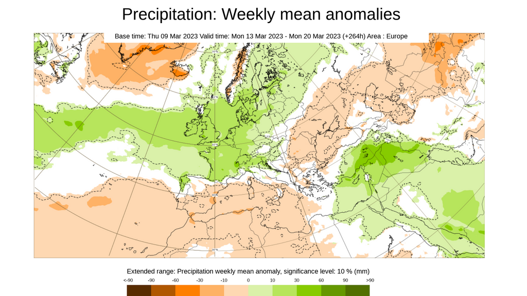 Anomalía de la precipitación prevista para la semana del 13-19 marzo