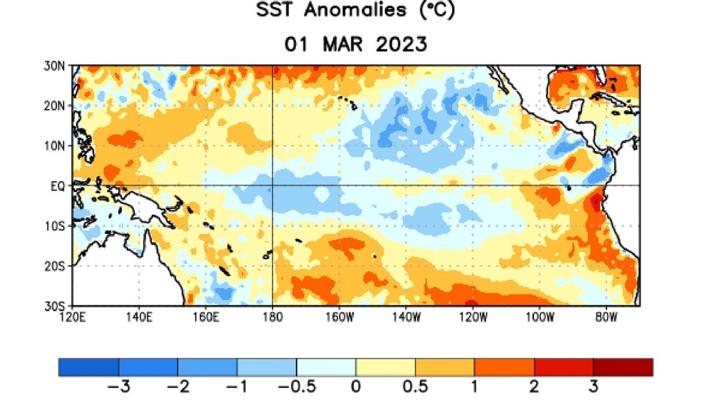 Anomalía de temperatura Pacífico superficial, 1 de marzo 2023