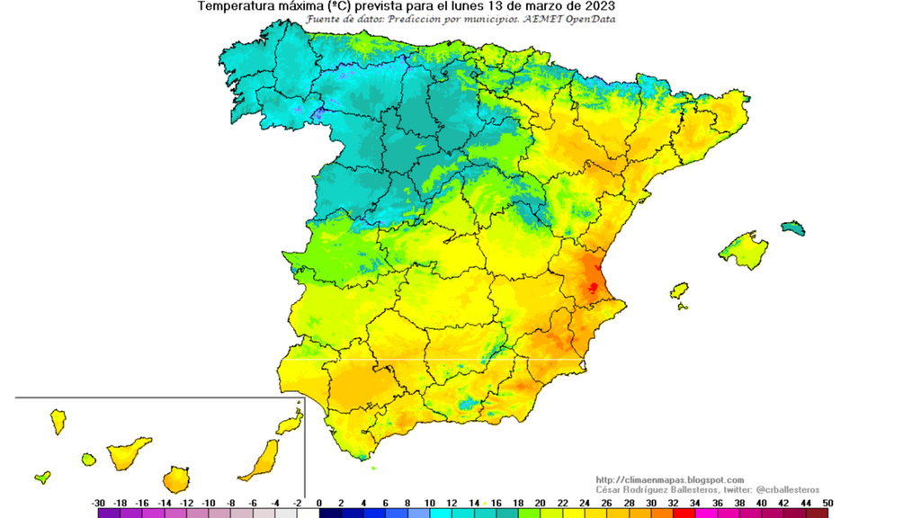 Temperaturas máximas previstas para el lunes 13