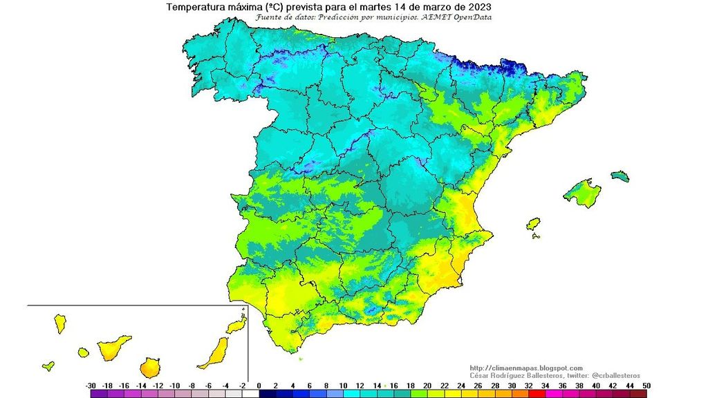 Temperatura máxima prevista para el martes 14