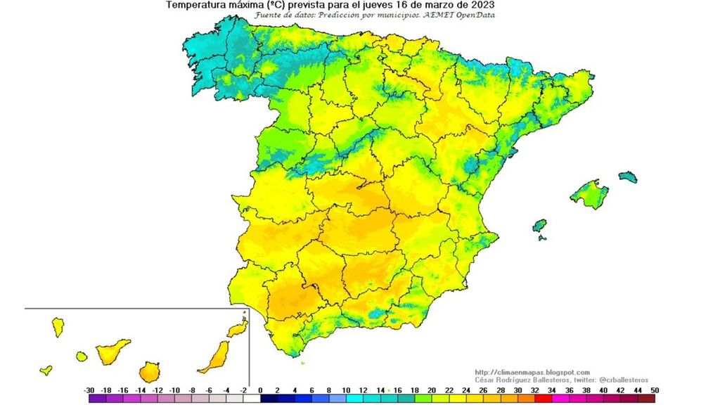 Temperaturas máximas previstas para el jueves 16