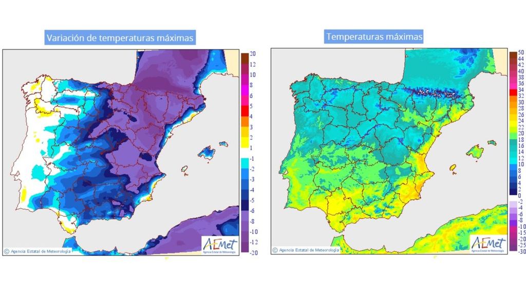 Temperaturas máximas previstas para el martes y su variación con respecto al día anterior